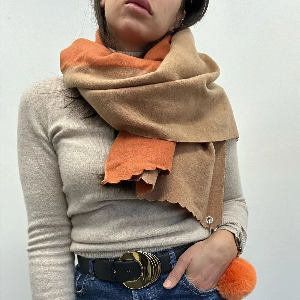 Studio Hop London Orange & Peach Color Block Angora Blend Scarf Pom Poms